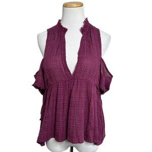 Free People One Womens Size XS Purple Cold Shoulder Gauzy Side Tie Blouse Top